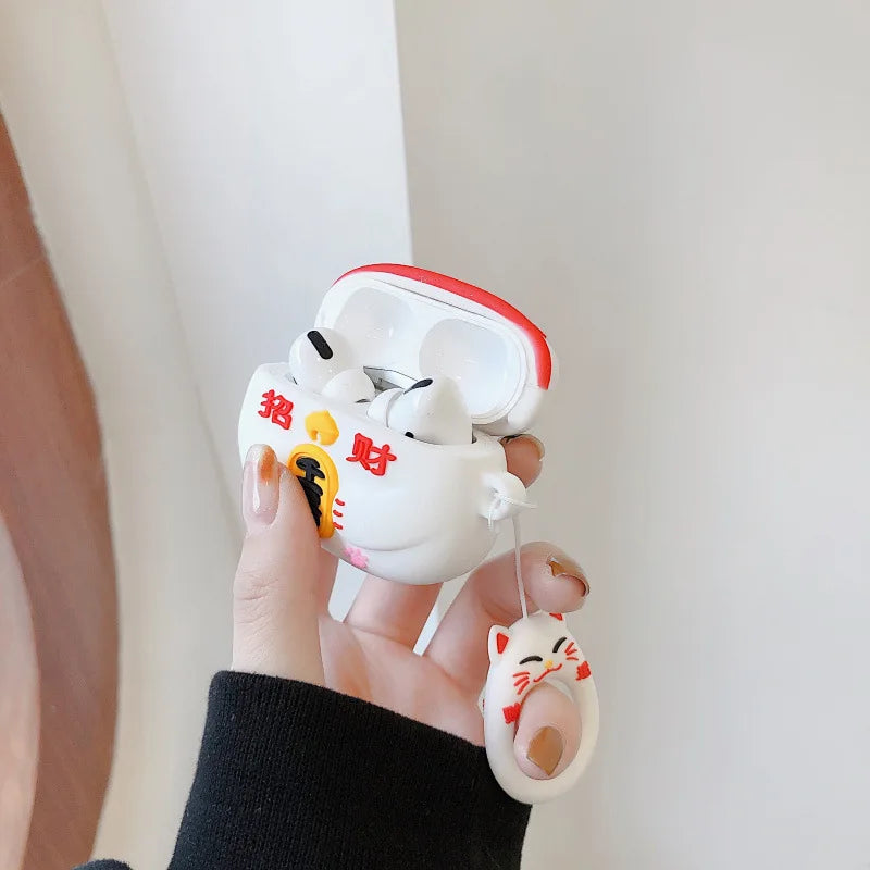 Funda de silicona suave para auriculares con bendición de gato de la suerte para AirPods
